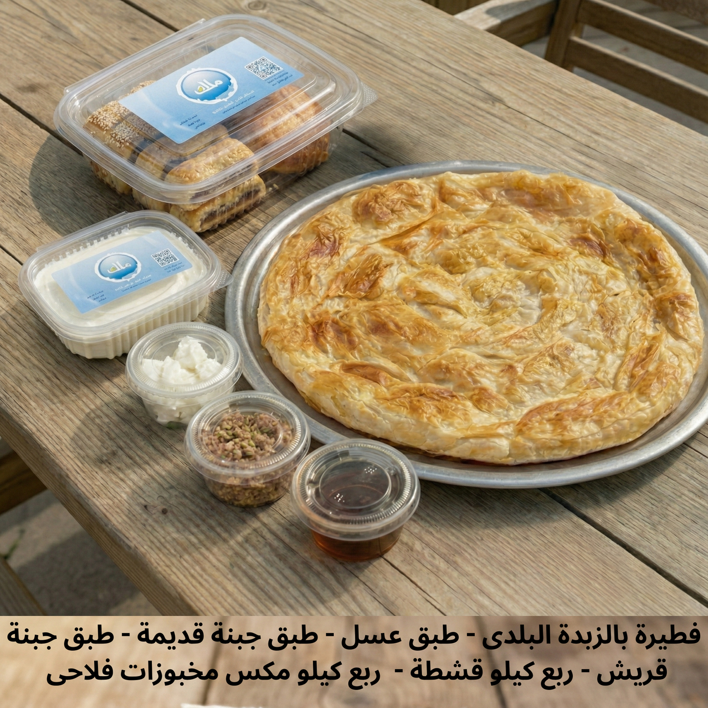 بوكس الحكاية ( فطيرة بالزبدة البلدى - طبق عسل اسود - طبق جبنة قديمة - طبق جبنة قريش - ربع كيلو قشطة - ربع مكس مخبوزات فلاحى )